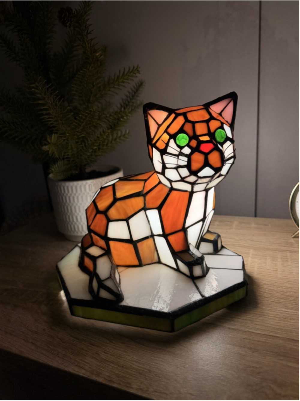 Tiffany Style Stained Glass Accent Table Lamp Kitty Cat Night Light Bedside Lamp